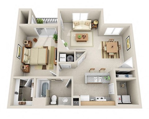 Floor plan for 1 bed, 1 bath, 829 sqft